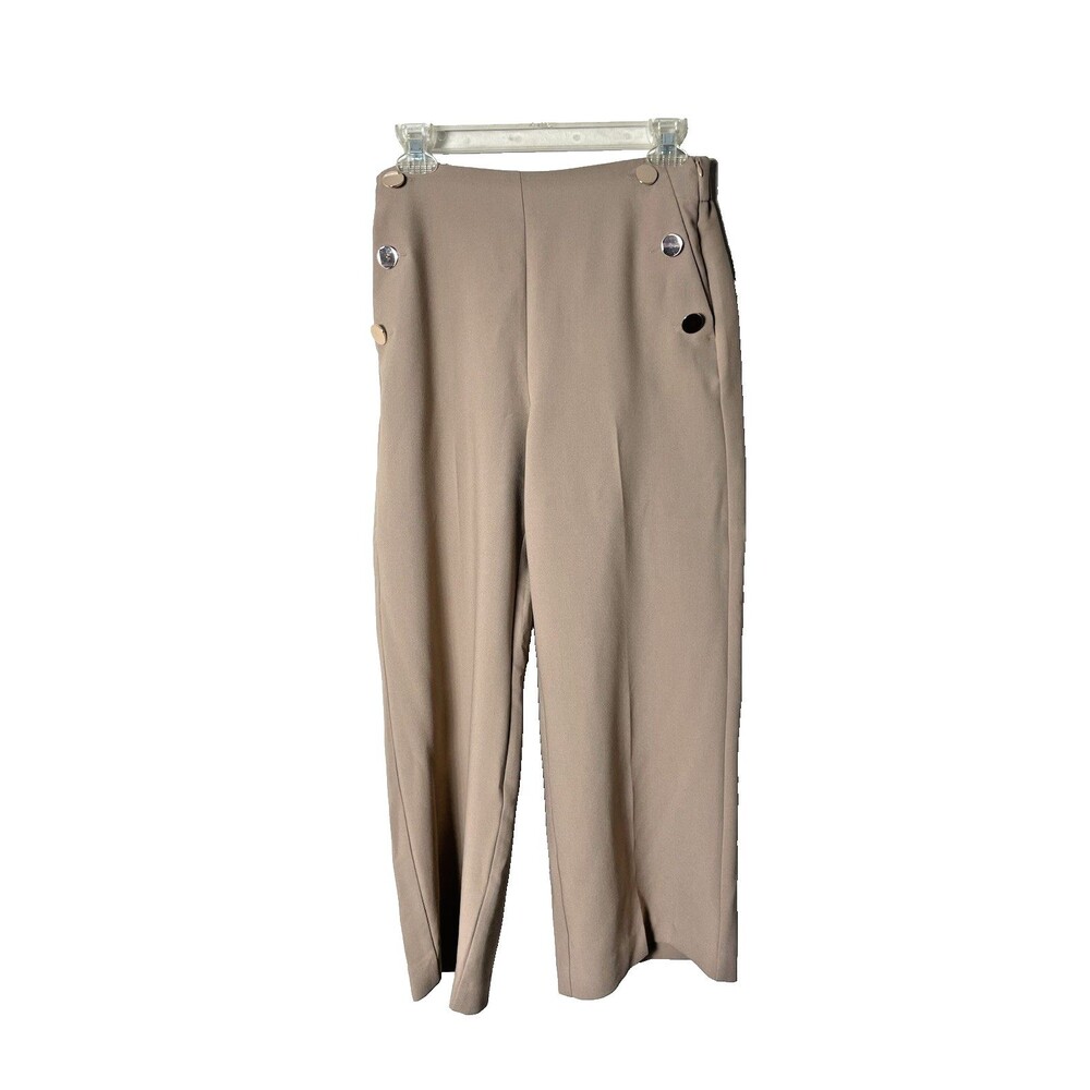 NWT MNG Woman's Tan Wide Leg Pants Featuring Sailor Style With Gold Buttons Sz S